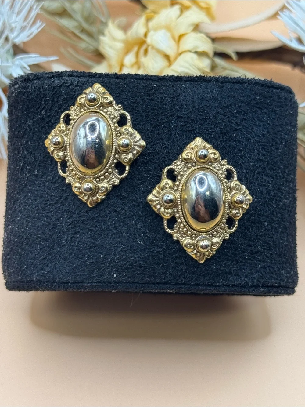 1928 Gold Tone Silver Tone Metallic Cabochon Filigree Stud Earrings